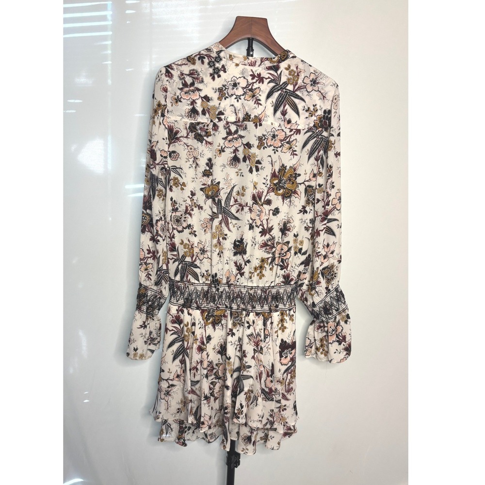 A.L.C. | Silk Floral Smocked Waist Mini Dress Cream Burgundy Gold | Size 8 - Picture 4 of 6